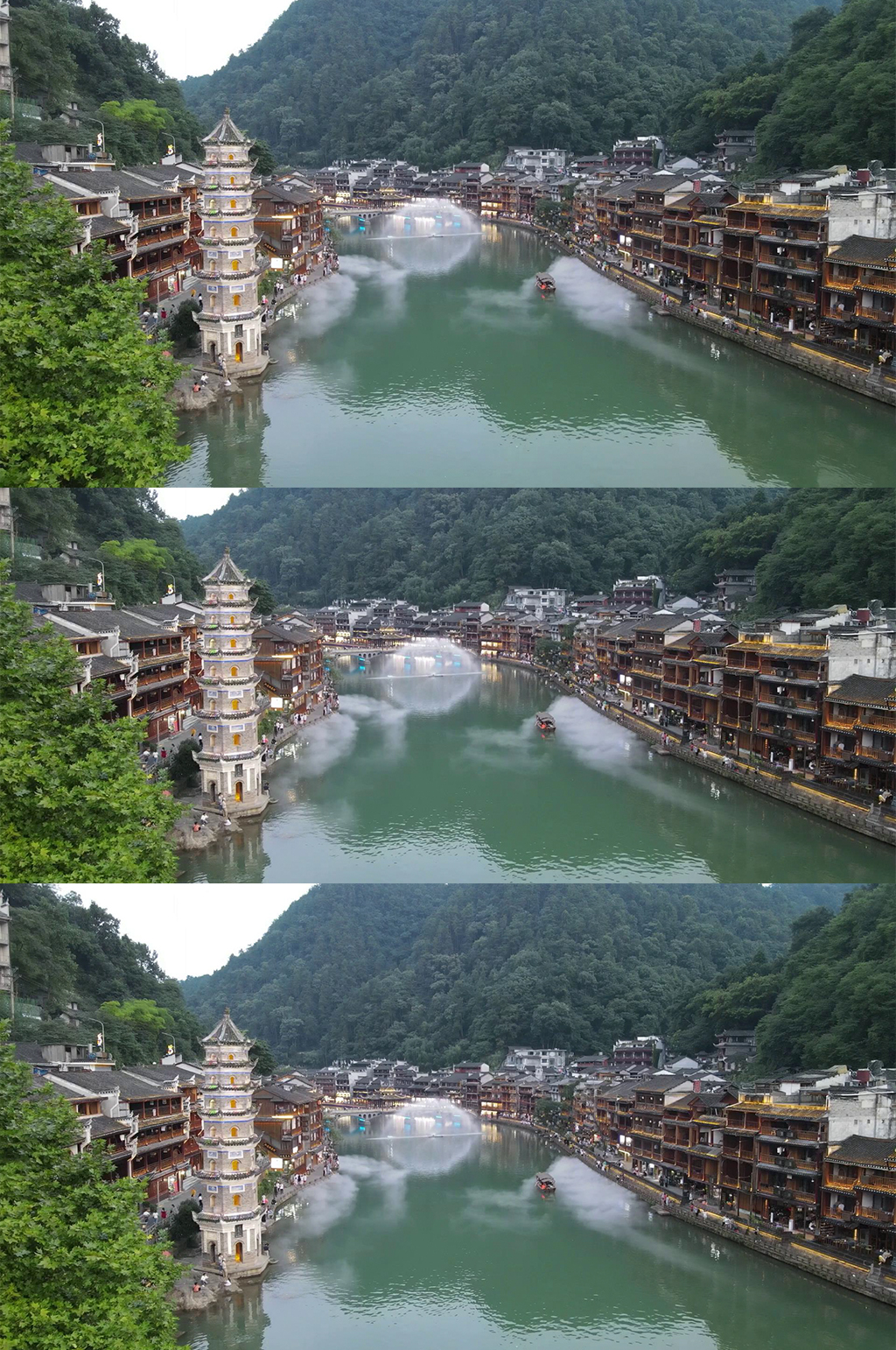 航拍湖南湘西凤凰古城沱江两岸风光吊脚楼素材