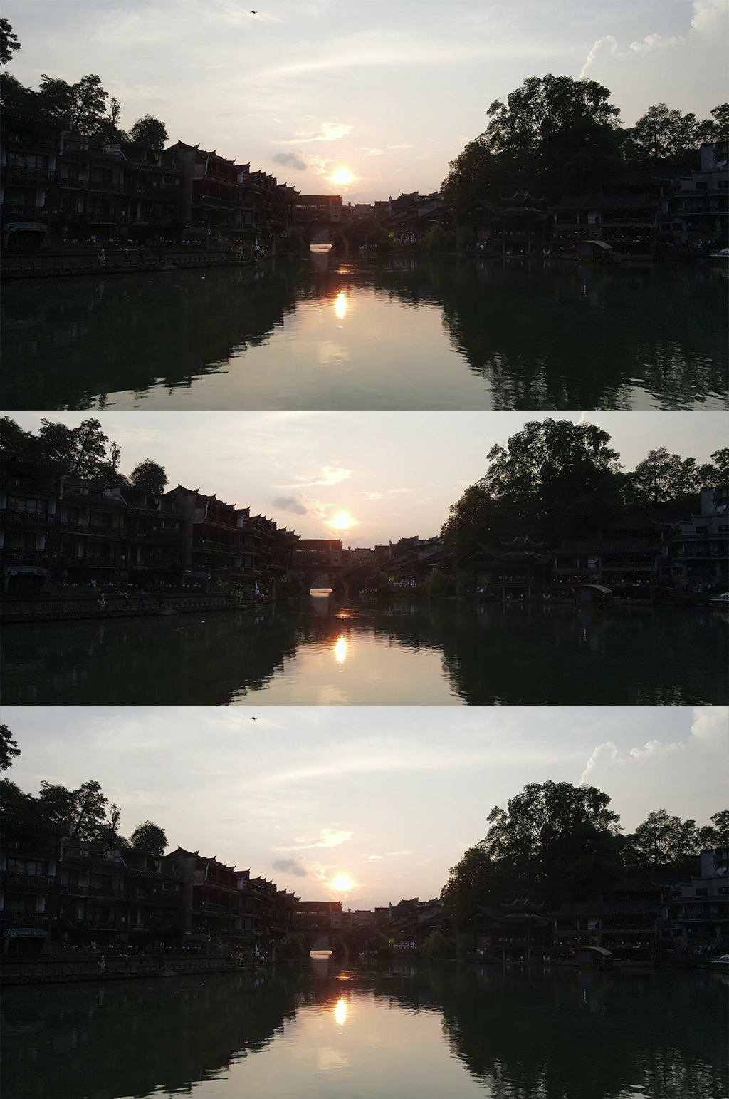 航拍湖南湘西凤凰古城日落晚霞夕阳西下素材