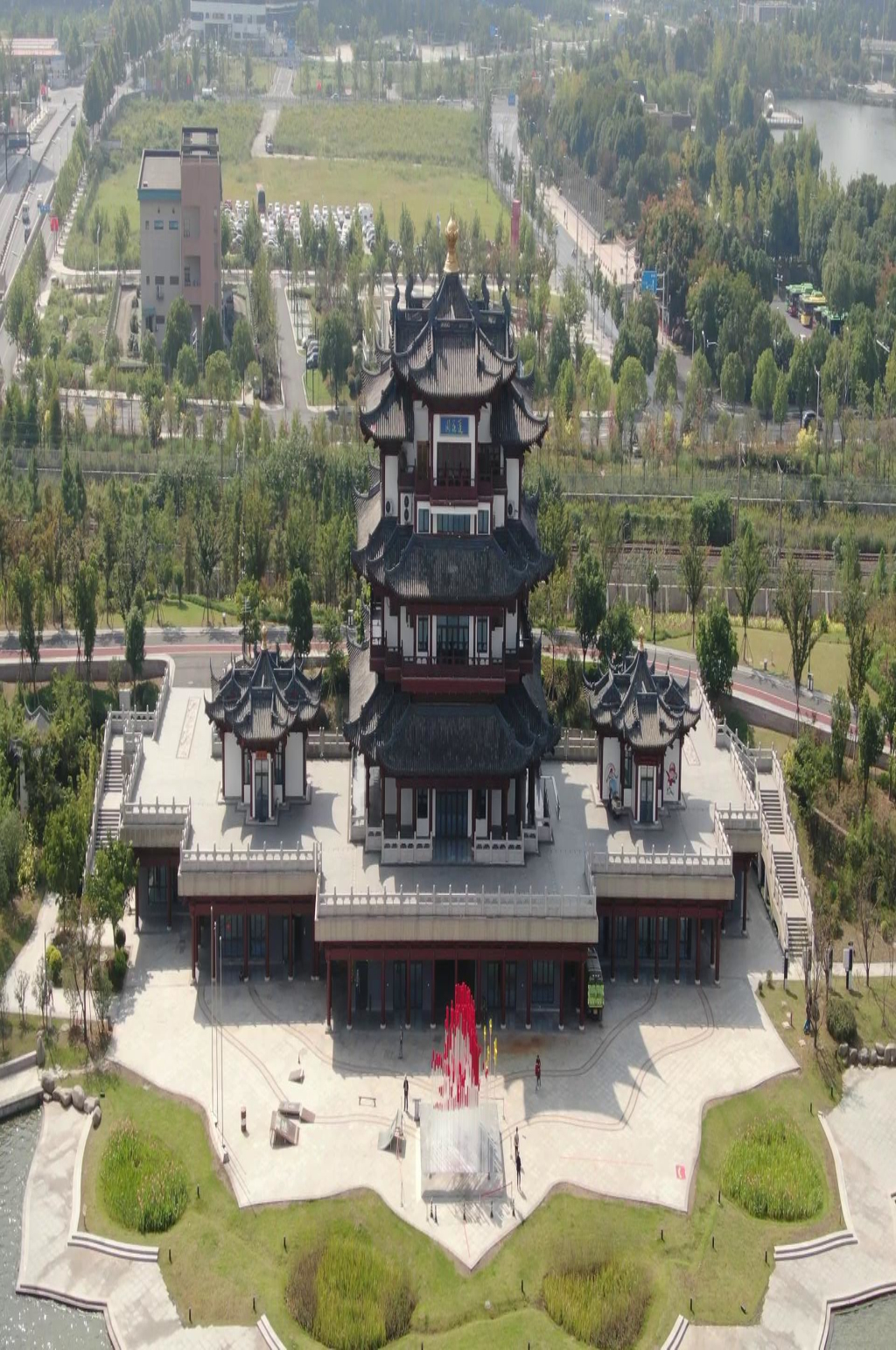 航拍浙江绍兴迪荡湖莲花寺素材