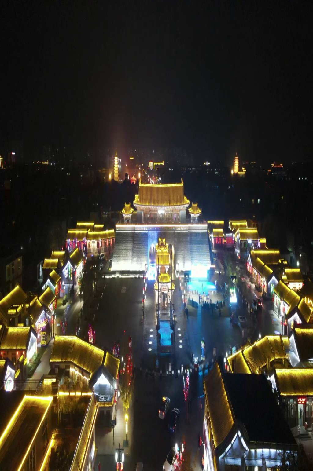 航拍河北石家庄正定古城夜景灯光素材