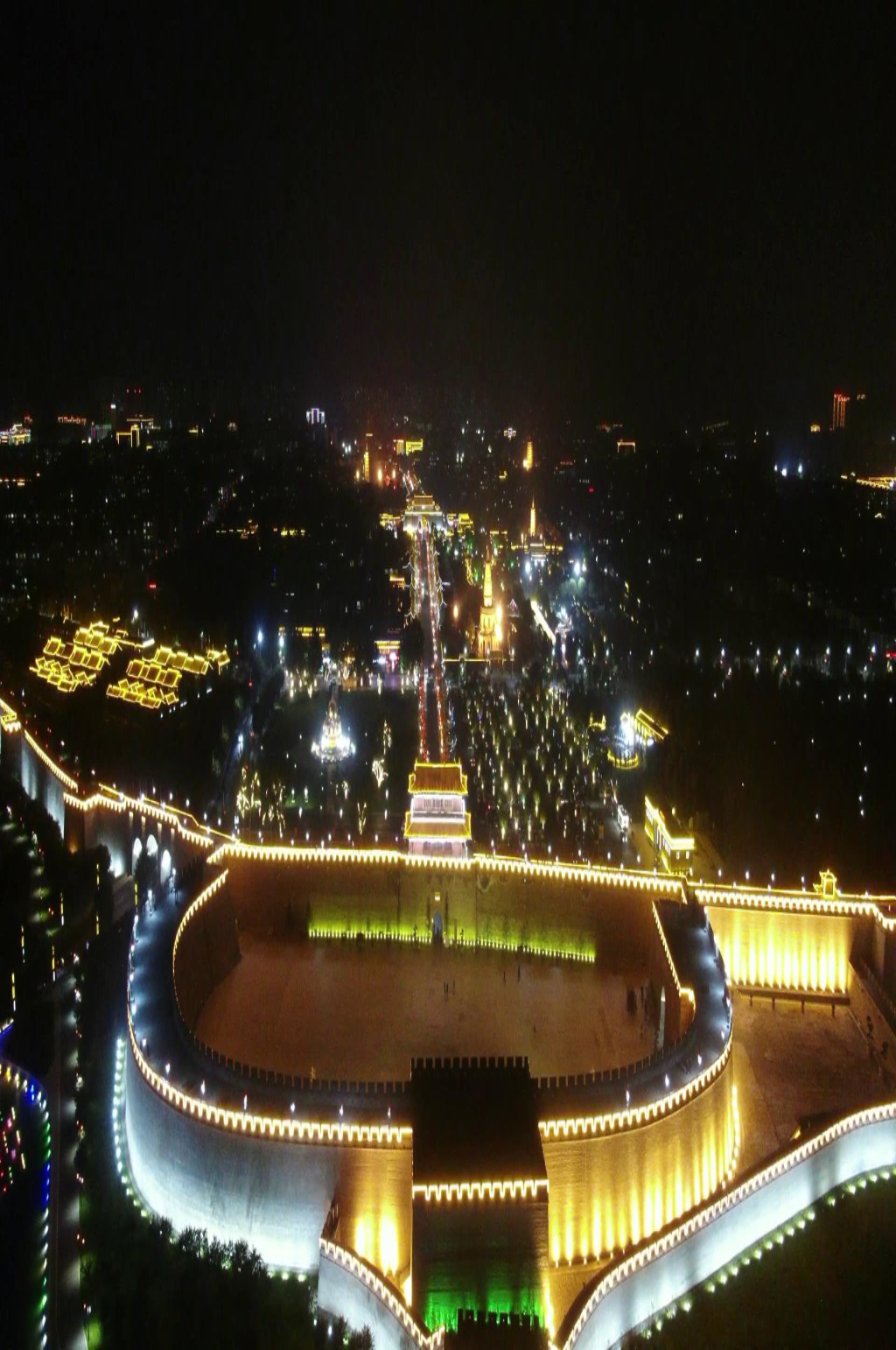航拍河北石家庄正定古城墙夜景素材
