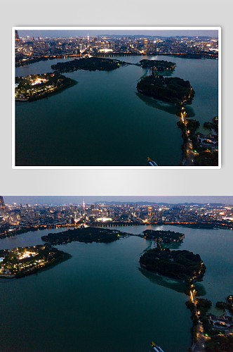 江苏南京玄武湖城市夜景灯光航拍摄影图