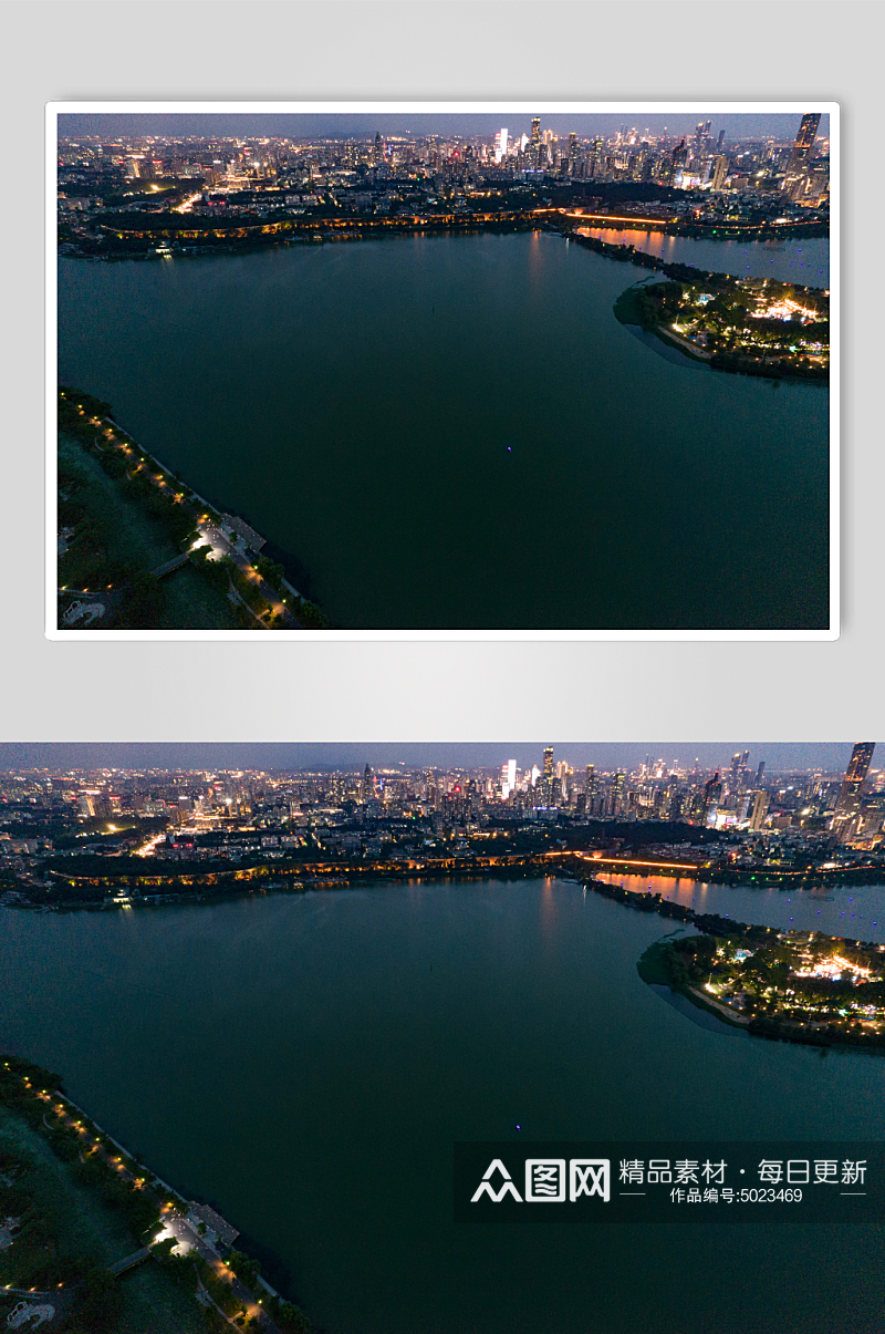 江苏南京玄武湖城市夜景灯光航拍摄影图素材