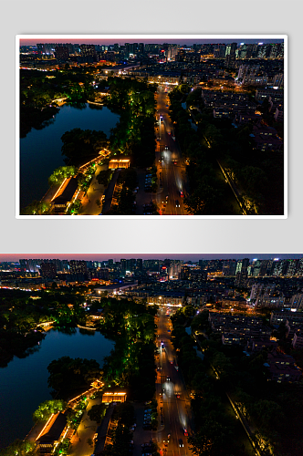 山东济南大明湖夜景航拍摄影图
