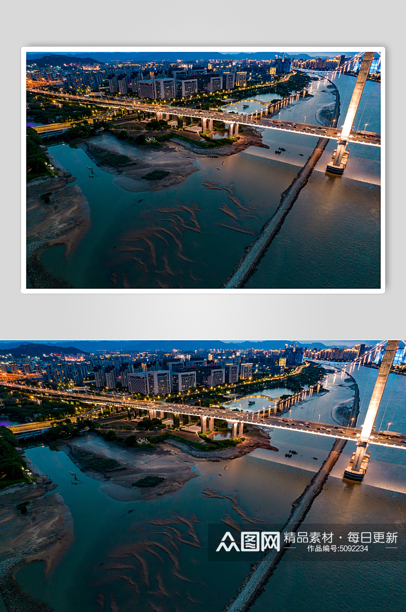 福建福州城市夜幕降临鼓山大桥航拍摄影图素材