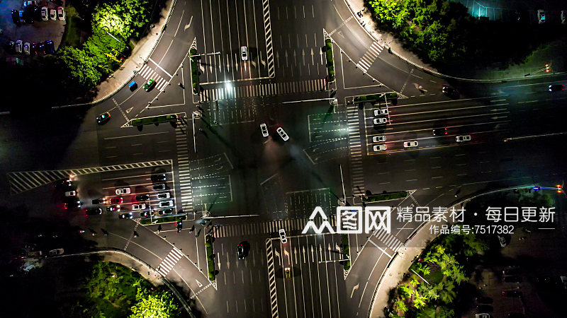 城市十字交叉路口交通车辆行驶夜景航拍摄影素材