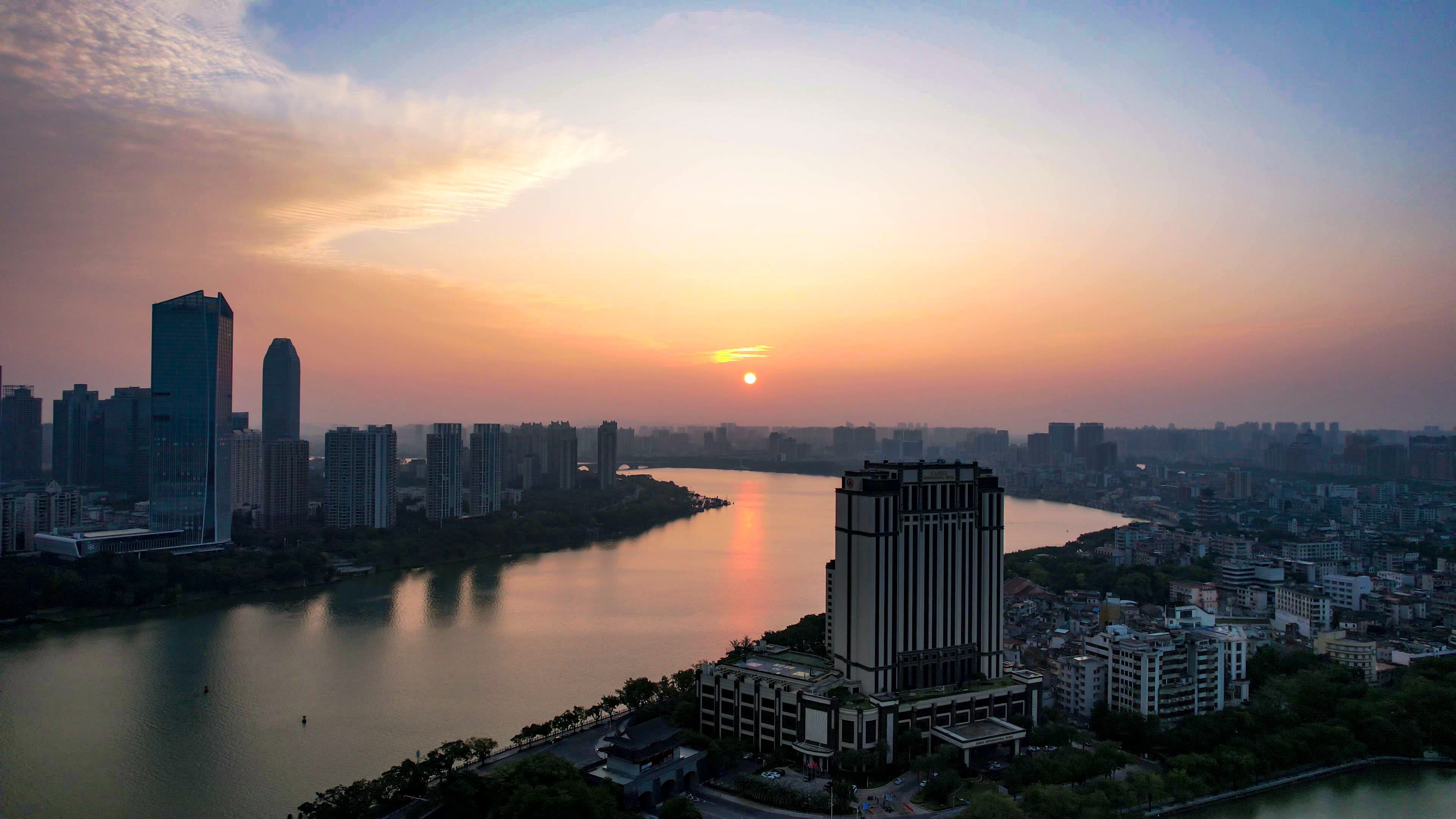 广东惠州小东江日出航拍素材