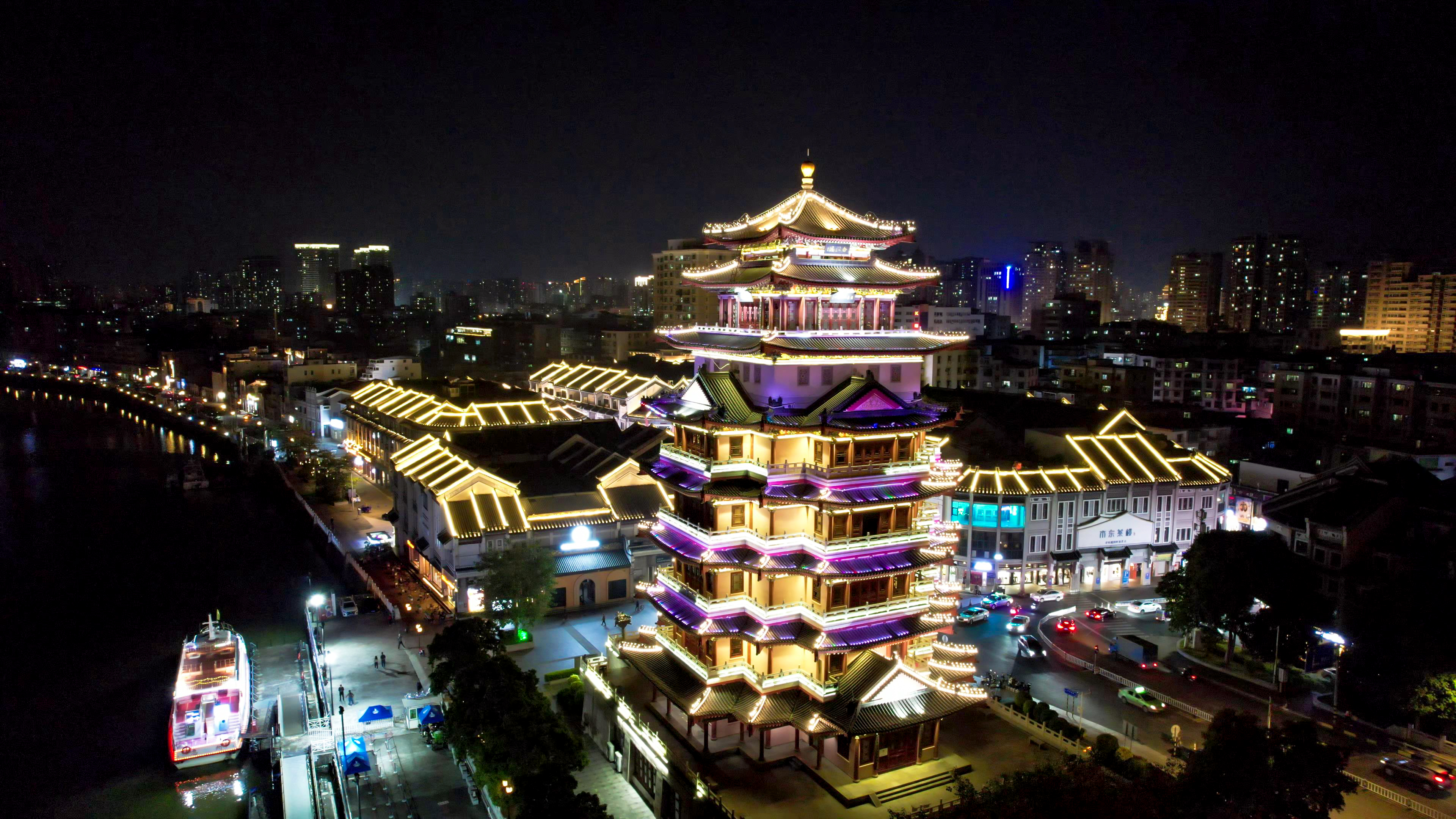 广东惠州合江楼夜景航拍素材