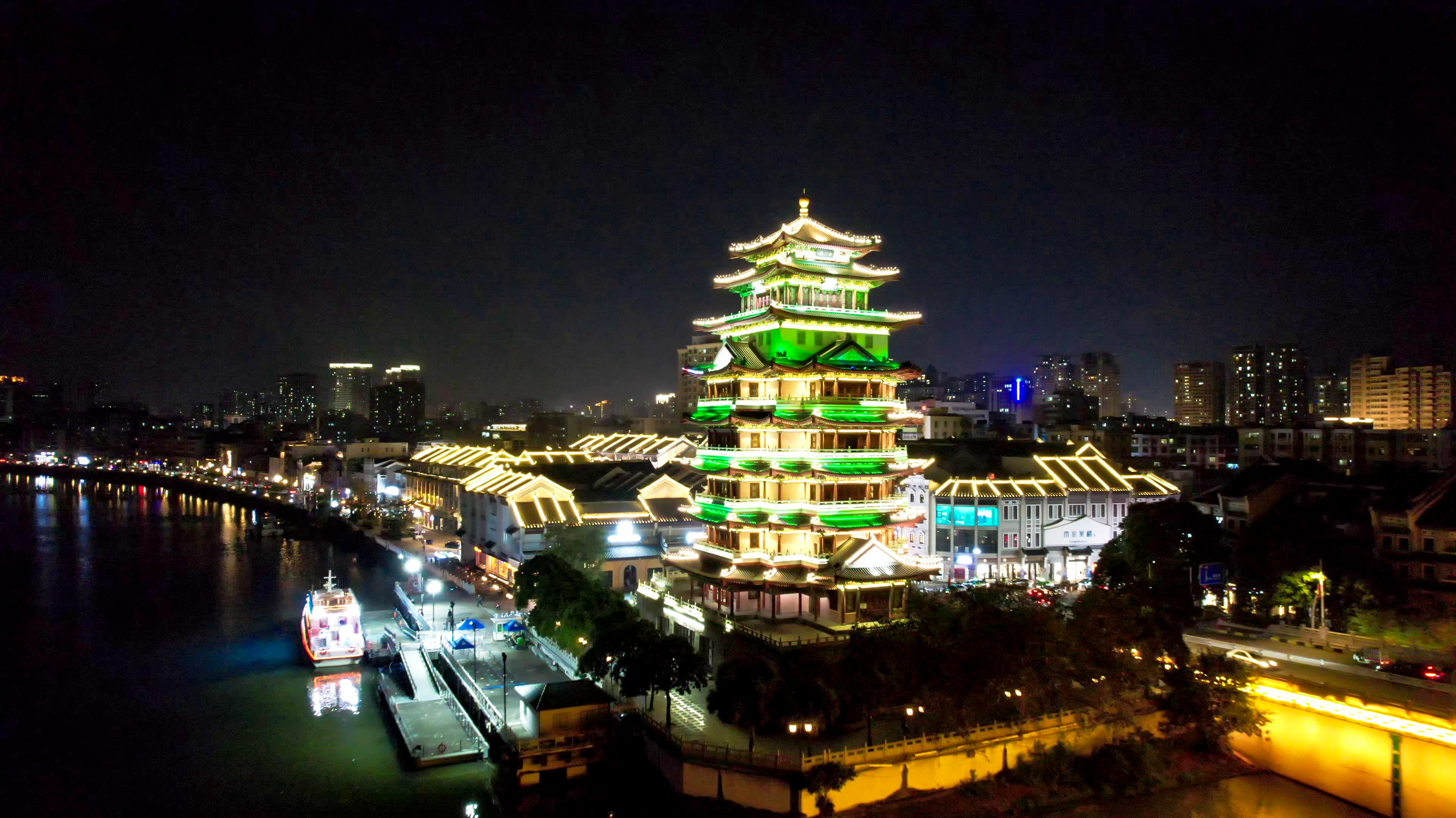 广东惠州合江楼夜景航拍素材