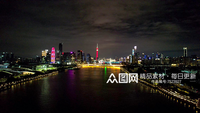 广州城市珠江两岸夜景灯光航拍素材