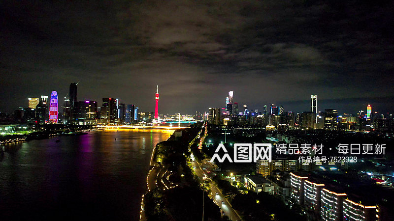 广州城市珠江两岸夜景灯光航拍素材