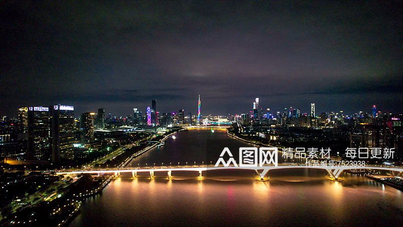 广州城市珠江两岸夜景灯光航拍素材