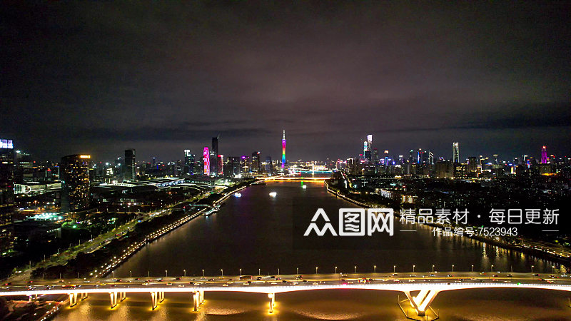 广州城市珠江两岸夜景灯光航拍素材