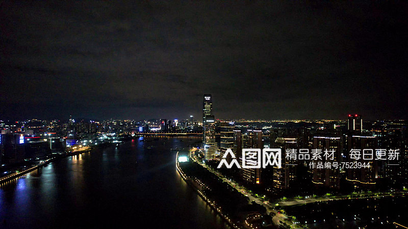 广州城市珠江两岸夜景灯光航拍素材