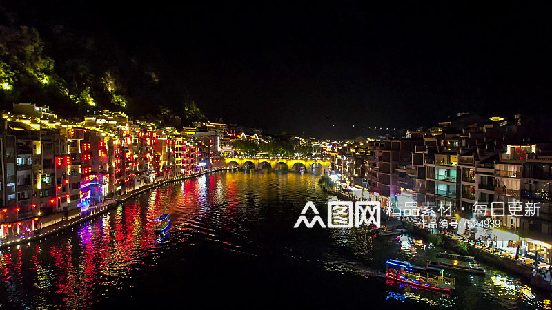 黔东南镇远古镇夜景灯光航拍素材