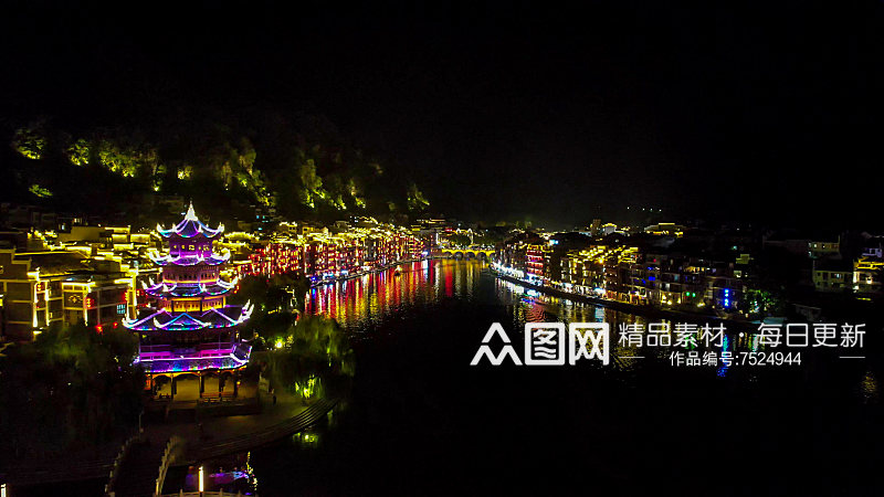 黔东南镇远古镇夜景灯光航拍素材