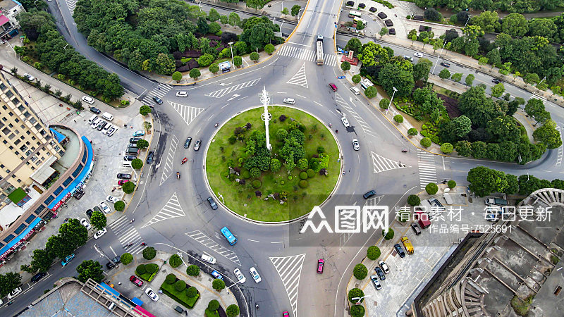 航拍城市圆形交通转盘湖南湘阴素材