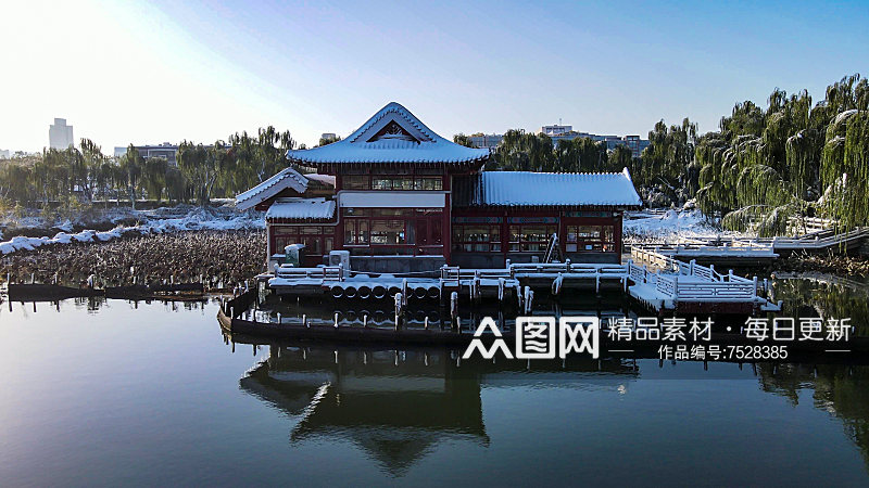 山东济南大明湖冬天雪景航拍素材