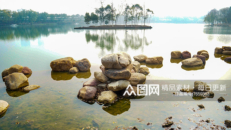 城市公园湖面石头景区摄影图素材