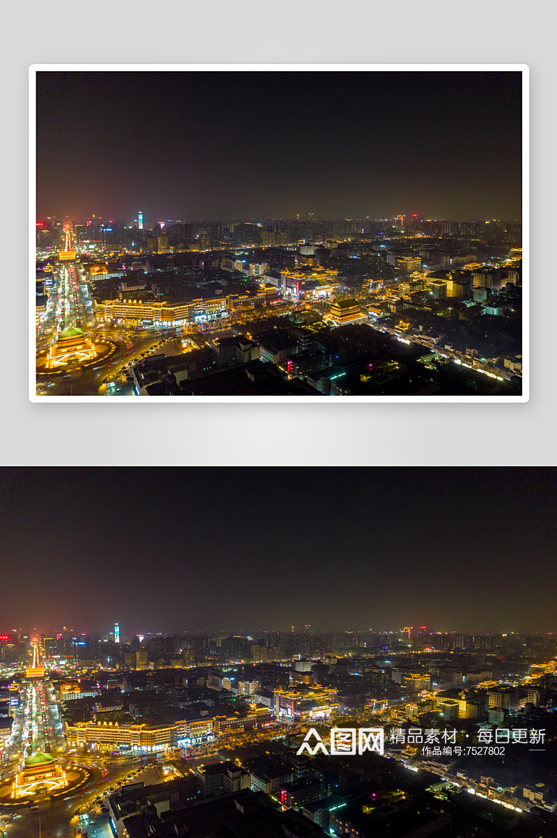 西安城市夜景灯光钟楼航拍摄影图素材