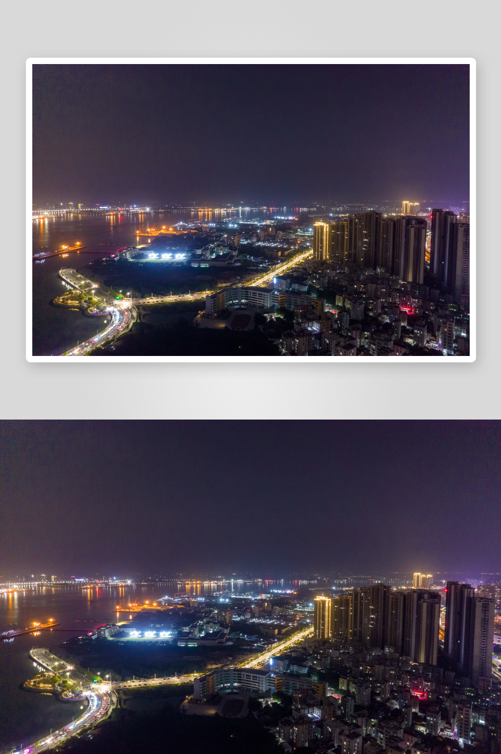 广东湛江广州湾高楼建筑夜景航拍摄影图素材
