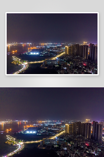 广东湛江广州湾高楼建筑夜景航拍摄影图