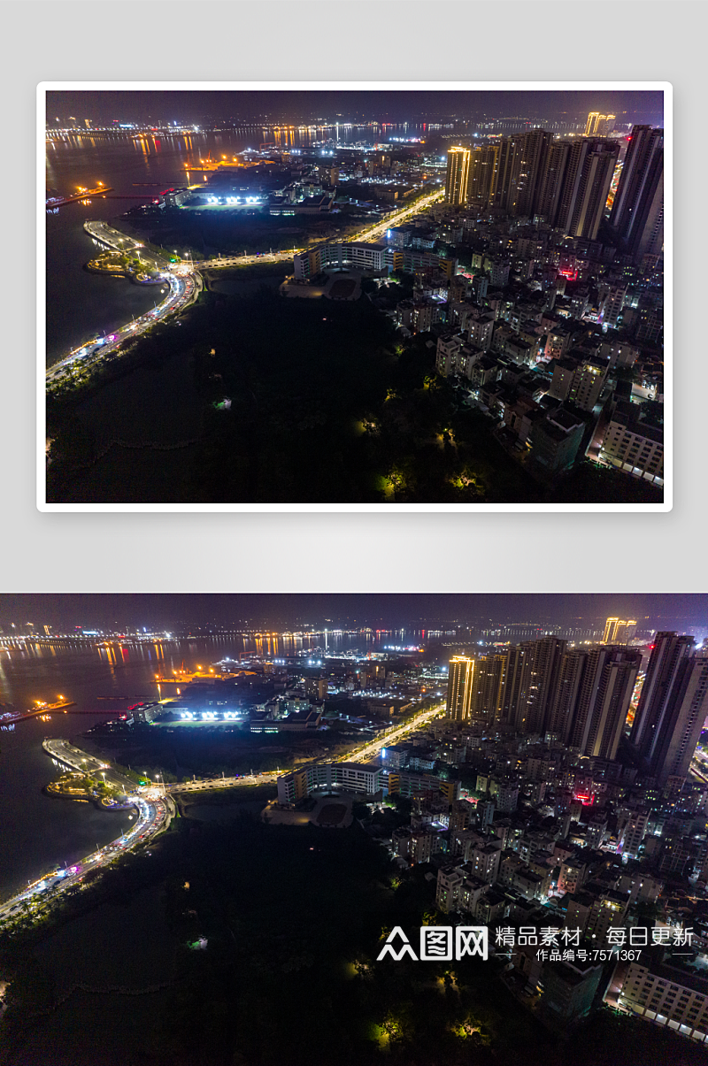 广东湛江广州湾高楼建筑夜景航拍摄影图素材