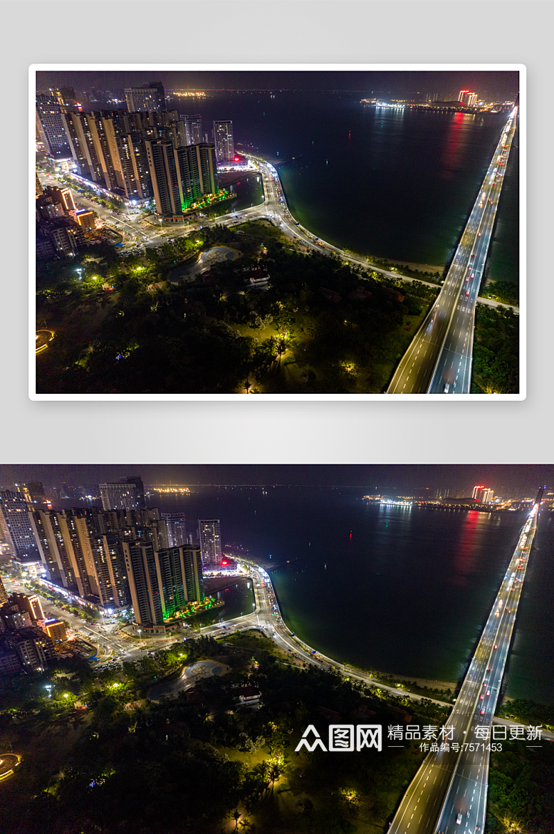广东湛江广州湾高楼建筑夜景航拍摄影图素材
