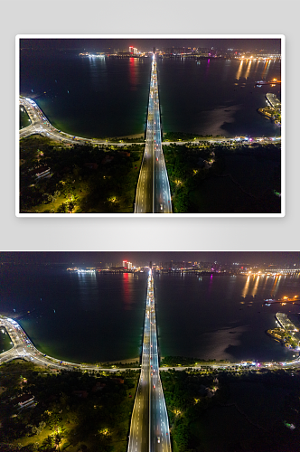 广东湛江广州湾高楼建筑夜景航拍摄影图