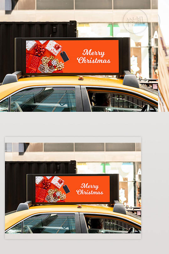 出租车门上的圣诞广告牌