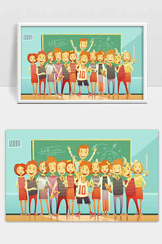 经典学校教育教室复古卡通海报站立微笑儿童