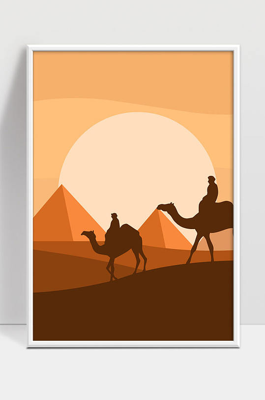 平坦的夜间景观与埃及金字塔和骆驼车队矢量