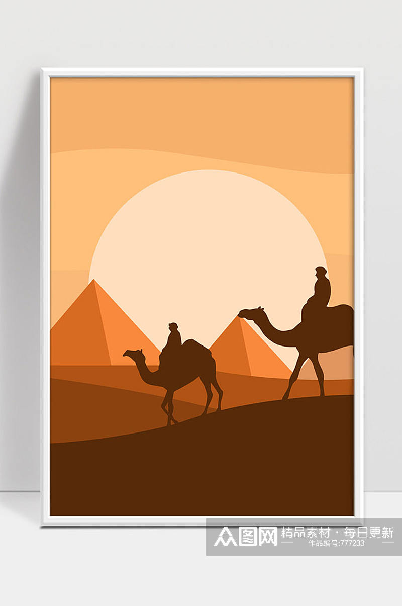 平坦的夜间景观与埃及金字塔和骆驼车队矢量素材