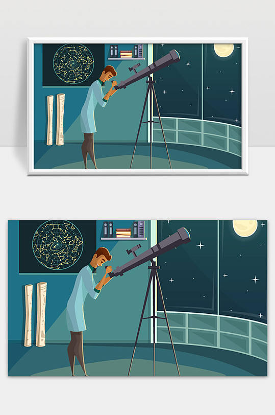 天文学家科学家通过开窗矢量观测夜空插画