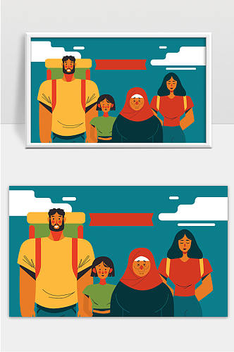难民家庭一起走出矢量插画 全家福照片样片