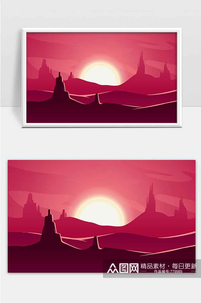沙漠景观粉红色背景与日落矢量插画素材