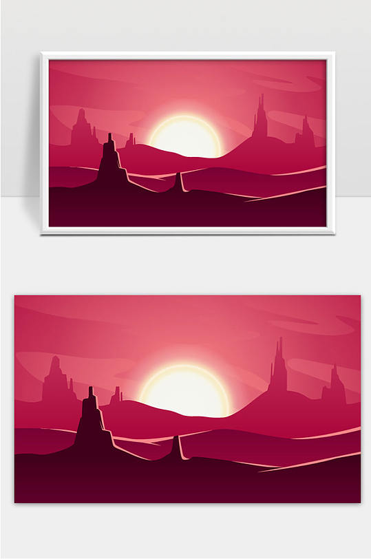 沙漠景观粉红色背景与日落矢量插画