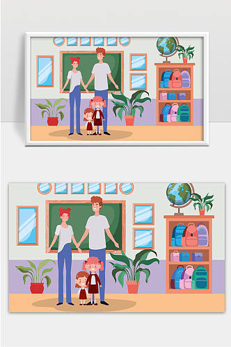 教师夫妇和学生在学校走廊的孩子矢量插画