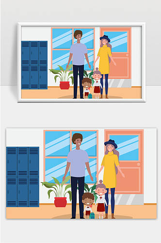 教师夫妇和学生在学校走廊的孩子矢量插画