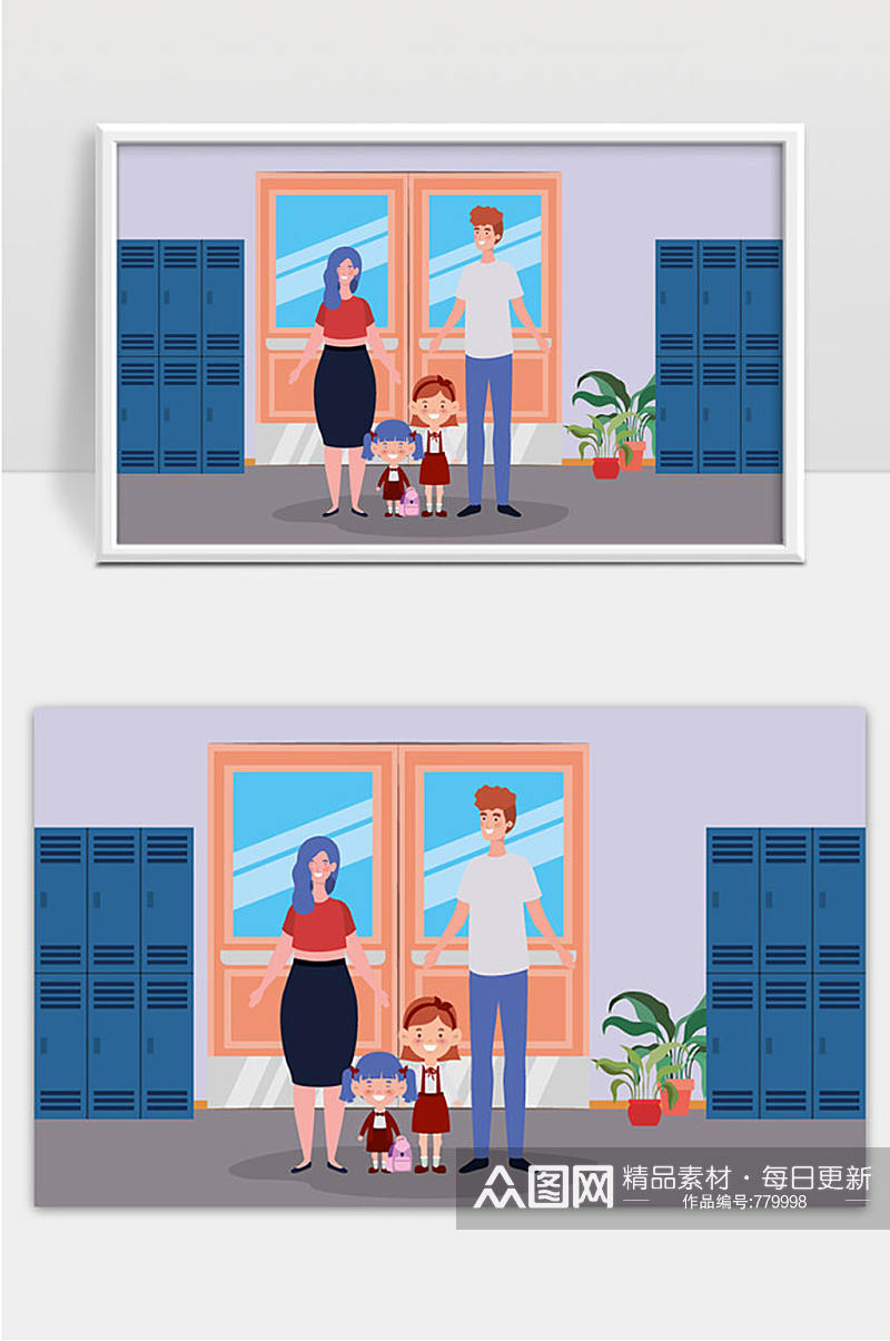 教师夫妇和学生在学校走廊的孩子矢量插画素材