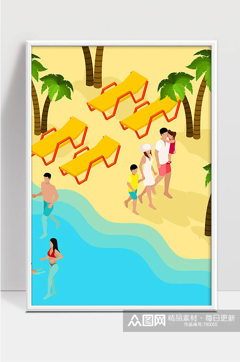 家庭热带海滩度假等距横幅矢量插画素材
