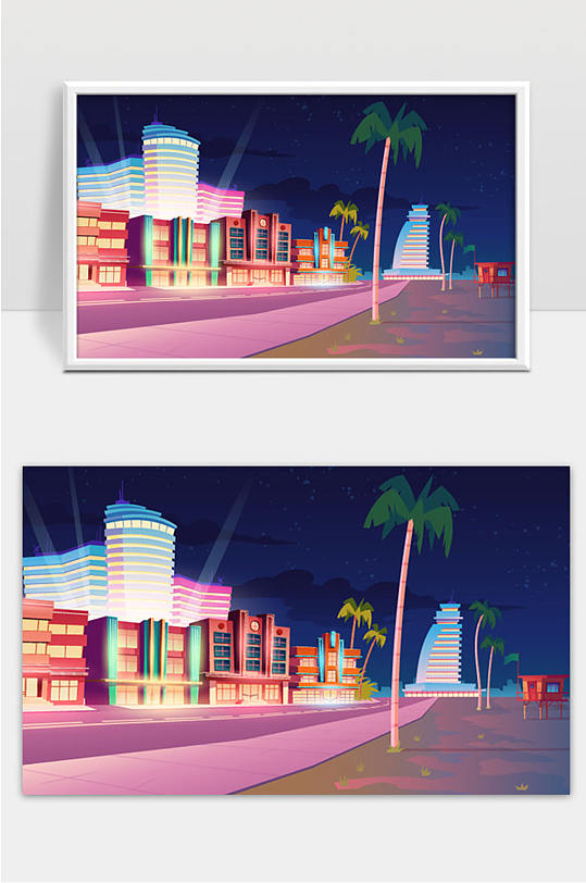 迈阿密街头酒店和沙滩在夜间矢量