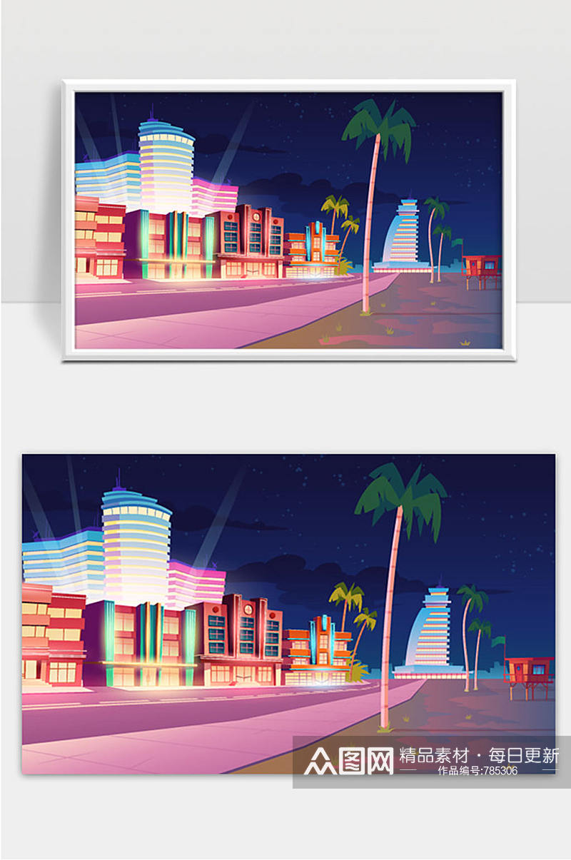 迈阿密街头酒店和沙滩在夜间矢量素材