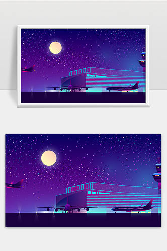 夜间机场,紫外线颜色,背景矢量插画
