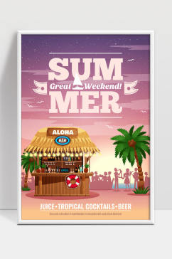 热带海滩度假村海报棕榈夕阳游客剪影矢量