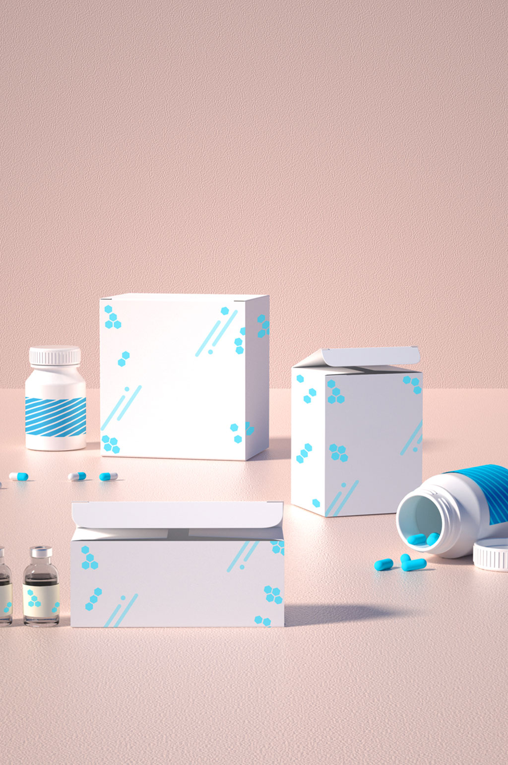 原创C4D场景各种药盒一套包装样机素材