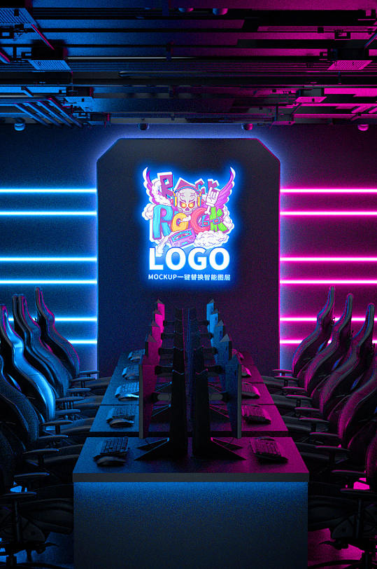 原创3d网吧电竞场景logo样机
