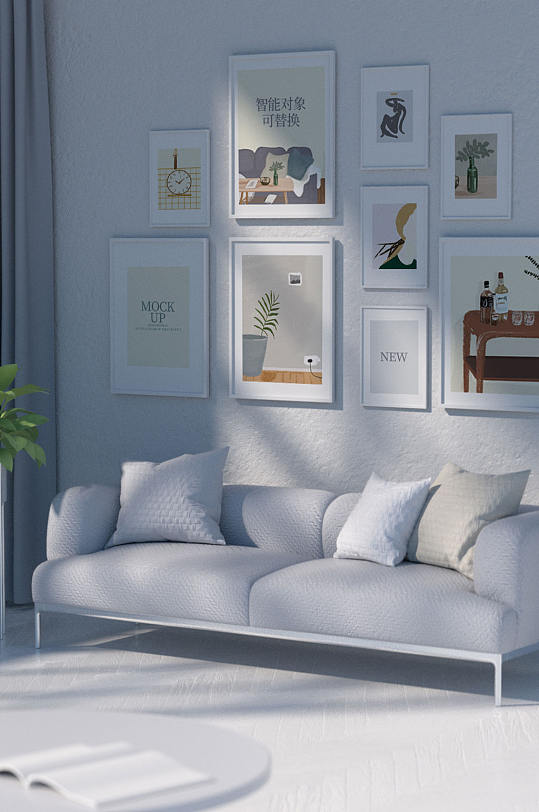 原创3d简约现代家居场景多个装饰画样机