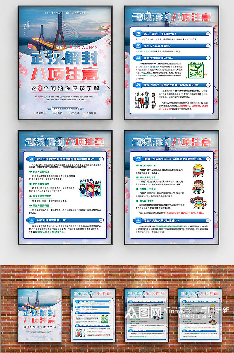 简约风武汉解封的八个问题内容型系列海报素材