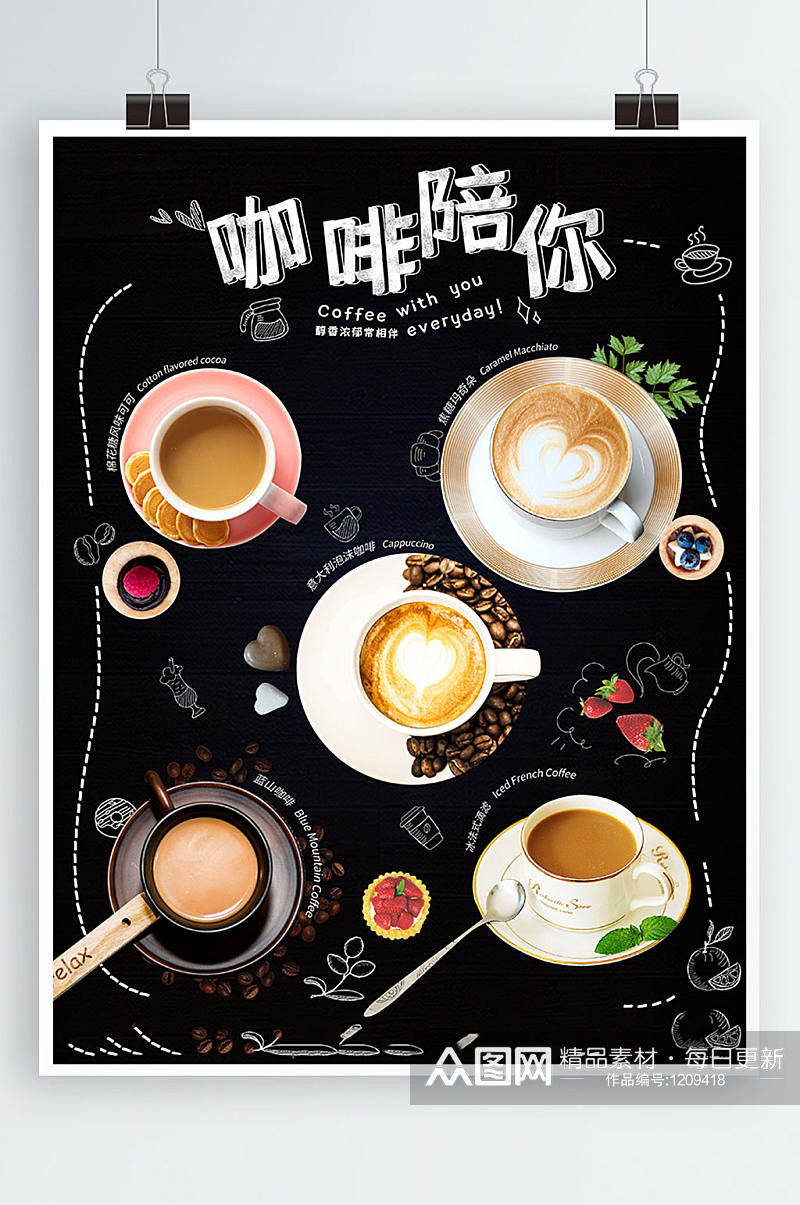 原创黑色手绘卡通风格咖啡美食海报素材
